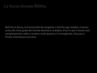 La bozza diventa Bibbia.
Definita la bozza, le funzionalità del progetto e chiarito ogni dubbio, la bozza
unita alle linee guida del Cliente diventano la Bibbia. D’ora in poi il lavoro sarà
completamente volto a rendere reale quanto si è immaginato, discusso e
fissato nella bozza esecutiva.
 