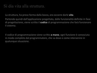 Si dia vita alla struttura.
La struttura, ha preso forma dalla bozza, ora occorre darle vita.
Partendo quindi dall’applicazione progettata, dalle funzionalità definite in fase
di progettazione, viene scritto il codice di programmazione che farà funzionare
il sistema.
Il codice di programmazione viene scritto a mano, ogni funzione è conosciuta
in modo completo dal programmatore, che sa dove e come intervenire in
qualunque situazione.
 
