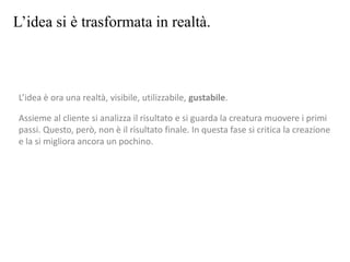 L’idea si è trasformata in realtà.
L’idea è ora una realtà, visibile, utilizzabile, gustabile.
Assieme al cliente si analizza il risultato e si guarda la creatura muovere i primi
passi. Questo, però, non è il risultato finale. In questa fase si critica la creazione
e la si migliora ancora un pochino.
 