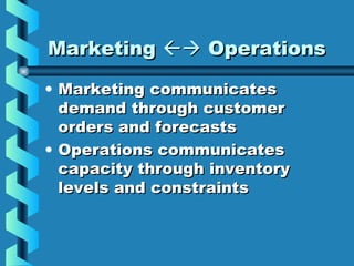 MarketingMarketing  OperationsOperations
• Marketing communicatesMarketing communicates
demand through customerdemand through customer
orders and forecastsorders and forecasts
• Operations communicatesOperations communicates
capacity through inventorycapacity through inventory
levels and constraintslevels and constraints
 