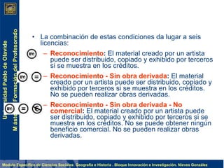 La combinación de estas condiciones da lugar a seis licencias: Reconocimiento :  El material creado por un artista puede ser distribuido, copiado y exhibido por terceros si se muestra en los créditos.  Reconocimiento - Sin obra derivada :  El material creado por un artista puede ser distribuido, copiado y exhibido por terceros si se muestra en los créditos. No se pueden realizar obras derivadas.  Reconocimiento - Sin obra derivada - No comercial :  El material creado por un artista puede ser distribuido, copiado y exhibido por terceros si se muestra en los créditos. No se puede obtener ningún beneficio comercial. No se pueden realizar obras derivadas.  