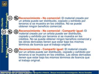 Reconocimiento - No comercial :  El material creado por un artista puede ser distribuido, copiado y exhibido por terceros si se muestra en los créditos. No se puede obtener ningún beneficio comercial.  Reconocimiento - No comercial - Compartir igual :  El material creado por un artista puede ser distribuido, copiado y exhibido por terceros si se muestra en los créditos. No se puede obtener ningún beneficio comercial y las obras derivadas tienen que estar bajo los mismos términos de licencia que el trabajo original.  Reconocimiento - Compartir igual :  El material creado por un artista puede ser distribuido, copiado y exhibido por terceros si se muestra en los créditos. Las obras derivadas tienen que estar bajo los mismos términos de licencia que el trabajo original.   