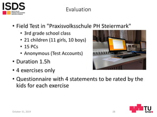 Evaluation
• Field Test in "Praxisvolksschule PH Steiermark"
• 3rd grade school class
• 21 children (11 girls, 10 boys)
• 15 PCs
• Anonymous (Test Accounts)
• Duration 1.5h
• 4 exercises only
• Questionnaire with 4 statements to be rated by the
kids for each exercise
October 31, 2019 28
 