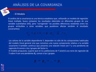 ANÁLISIS DE LA COVARIANZA- El ModeloEl análisis de la covarianza es una técnica estadística que, utilizando un modelo de regresión lineal múltiple, busca comparar los resultados obtenidos en diferentes grupos de una variable cuantitativa (VD), pero "corrigiendo“ las posibles diferencias existentes entre los grupos atribuibles a otras variables que puedieran afectar también al resultado (covariantes).Los valores de la variable dependiente Y, dependen no sólo de los componentes habituales del modelo lineal general sino que incluimos una nueva componente relativa a la variable covariante X también continua que presenta una relación lineal con Y y una pendiente de regresión B común a los J grupos del factor A.El modelo propuesto, supone que en la j poblaciones de Y existirá una recta de regresión de Y sobre X con una pendiente Bj, común a los J grupos.