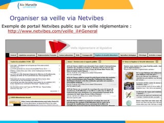 Organiser sa veille via Netvibes
Exemple de portail Netvibes public sur la veille réglementaire :
http://www.netvibes.com/veille_il#General
 