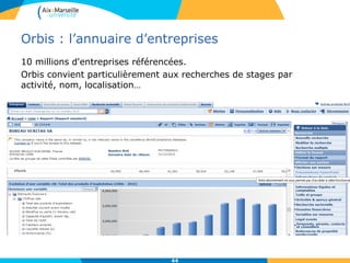 Orbis : l’annuaire d’entreprises
10 millions d'entreprises référencées.
Orbis convient particulièrement aux recherches de stages par
activité, nom, localisation…
44
 