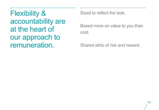 Flexibility &        Sized to reflect the task.

accountability are   Based more on value to you than
at the heart of      cost.
our approach to
remuneration.        Shared ethic of risk and reward.




                                                        14
 