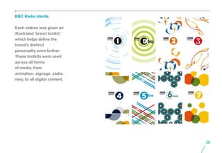 BBC Radio Idents.

Each station was given an
illustrated ‘brand toolkit,’
which helps define the
brand’s distinct
personality even further.
These toolkits were used
across all forms
of media, from
animation, signage, statio
nery, to all digital content.




                                26
 