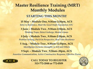 Master Resilience Training (MRT)
Monthly Modules
STARTING THIS MONTH!
15 May ~ Module One, 9:30am-2:30pm, ACS
Intro to Resilience, Hunt the Good Stuff, Foundation ATC
3 June ~ Module Two , 9:30am-2:30pm, ACS
Thinking Traps, Detect Icebergs, Mental Games
8 July ~ Module Two , 9:30am-2:30pm, ACS
Problem Solving, Put It In Perspective, Real Time Resilience
5 Aug. ~ Module Two , 9:30am-12:30pm, ACS
Identifying Character Strengths in Self and Others
9 Sept. ~ Module Two , 9:30am-:30pm, ACS
Assertive Communication, Active Constructive Response, Effective Praise
CALL TODAY TO REGISTER
315-772-2848 or 772-0509
 