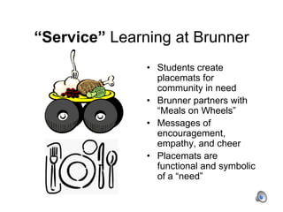 “Service” Learning at BrunnerStudents create placemats for community in needBrunner partners with “Meals on Wheels”Messages of encouragement, empathy, and cheerPlacemats are functional and symbolic of a “need”