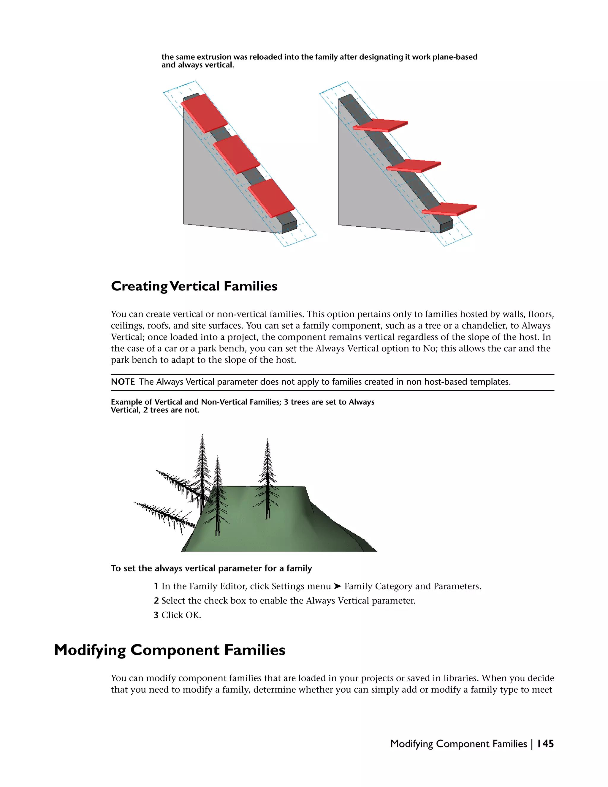 the same extrusion was reloaded into the family after designating it work plane-based
and always vertical.
CreatingVertical Families
You can create vertical or non-vertical families. This option pertains only to families hosted by walls, floors,
ceilings, roofs, and site surfaces. You can set a family component, such as a tree or a chandelier, to Always
Vertical; once loaded into a project, the component remains vertical regardless of the slope of the host. In
the case of a car or a park bench, you can set the Always Vertical option to No; this allows the car and the
park bench to adapt to the slope of the host.
NOTE The Always Vertical parameter does not apply to families created in non host-based templates.
Example of Vertical and Non-Vertical Families; 3 trees are set to Always
Vertical, 2 trees are not.
To set the always vertical parameter for a family
1 In the Family Editor, click Settings menu ➤ Family Category and Parameters.
2 Select the check box to enable the Always Vertical parameter.
3 Click OK.
Modifying Component Families
You can modify component families that are loaded in your projects or saved in libraries. When you decide
that you need to modify a family, determine whether you can simply add or modify a family type to meet
Modifying Component Families | 145
 
