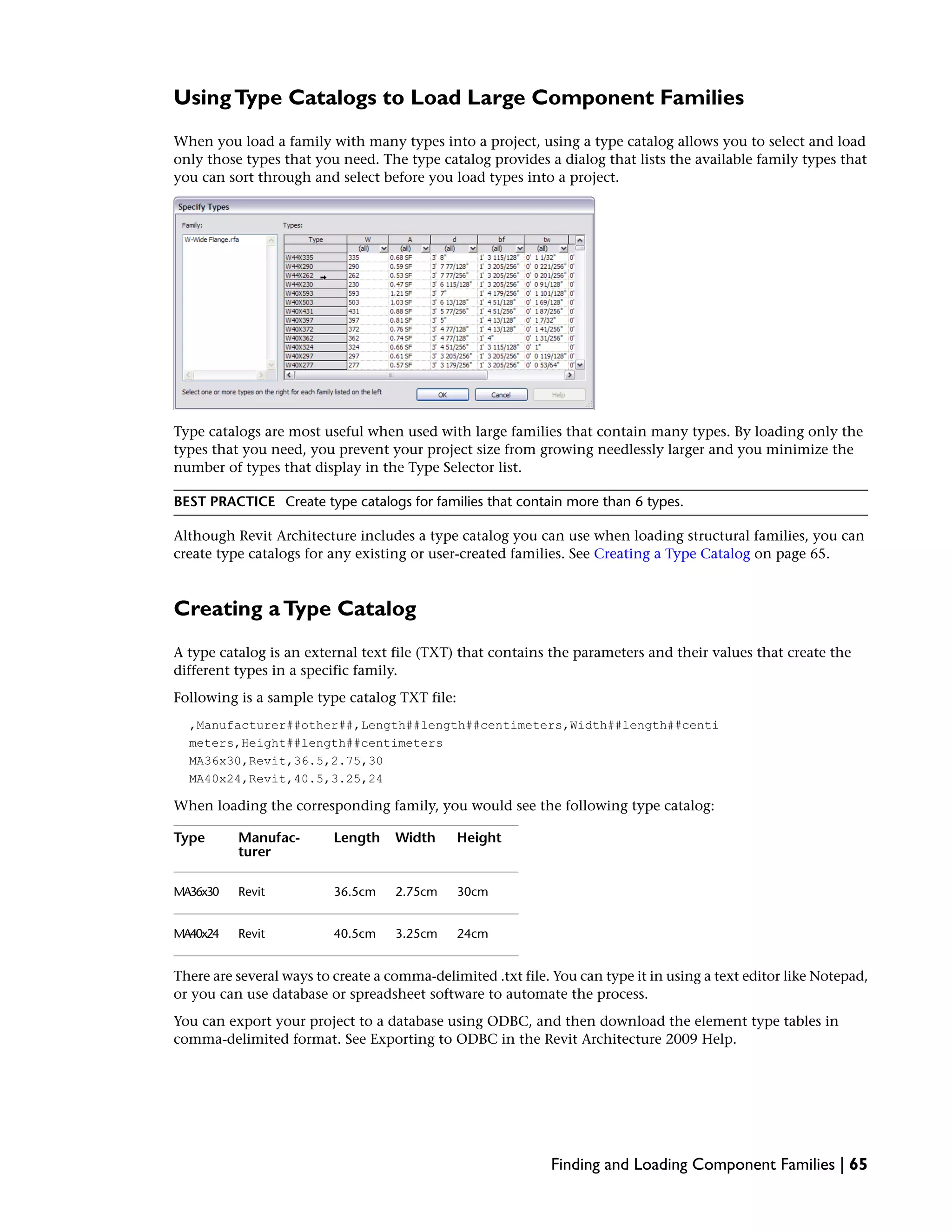 UsingType Catalogs to Load Large Component Families
When you load a family with many types into a project, using a type catalog allows you to select and load
only those types that you need. The type catalog provides a dialog that lists the available family types that
you can sort through and select before you load types into a project.
Type catalogs are most useful when used with large families that contain many types. By loading only the
types that you need, you prevent your project size from growing needlessly larger and you minimize the
number of types that display in the Type Selector list.
BEST PRACTICE Create type catalogs for families that contain more than 6 types.
Although Revit Architecture includes a type catalog you can use when loading structural families, you can
create type catalogs for any existing or user-created families. See Creating a Type Catalog on page 65.
Creating aType Catalog
A type catalog is an external text file (TXT) that contains the parameters and their values that create the
different types in a specific family.
Following is a sample type catalog TXT file:
,Manufacturer##other##,Length##length##centimeters,Width##length##centi
meters,Height##length##centimeters
MA36x30,Revit,36.5,2.75,30
MA40x24,Revit,40.5,3.25,24
When loading the corresponding family, you would see the following type catalog:
HeightWidthLengthManufac-
turer
Type
30cm2.75cm36.5cmRevitMA36x30
24cm3.25cm40.5cmRevitMA40x24
There are several ways to create a comma-delimited .txt file. You can type it in using a text editor like Notepad,
or you can use database or spreadsheet software to automate the process.
You can export your project to a database using ODBC, and then download the element type tables in
comma-delimited format. See Exporting to ODBC in the Revit Architecture 2009 Help.
Finding and Loading Component Families | 65
 