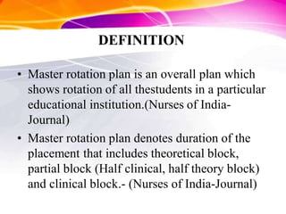 DEFINITION
• Master rotation plan is an overall plan which
shows rotation of all thestudents in a particular
educational institution.(Nurses of India-
Journal)
• Master rotation plan denotes duration of the
placement that includes theoretical block,
partial block (Half clinical, half theory block)
and clinical block.- (Nurses of India-Journal)
 