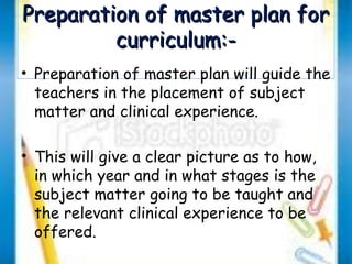 Preparation ooff mmaasstteerr ppllaann ffoorr 
ccuurrrriiccuulluumm::-- 
• Preparation of master plan will guide the 
teachers in the placement of subject 
matter and clinical experience. 
• This will give a clear picture as to how, 
in which year and in what stages is the 
subject matter going to be taught and 
the relevant clinical experience to be 
offered. 
 