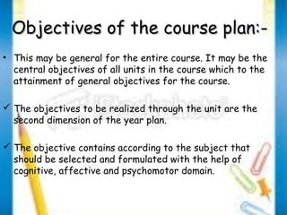 OObbjjeeccttiivveess ooff tthhee ccoouurrssee ppllaann::-- 
• This may be general for the entire course. It may be the 
central objectives of all units in the course which to the 
attainment of general objectives for the course. 
 The objectives to be realized through the unit are the 
second dimension of the year plan. 
 The objective contains according to the subject that 
should be selected and formulated with the help of 
cognitive, affective and psychomotor domain. 
 