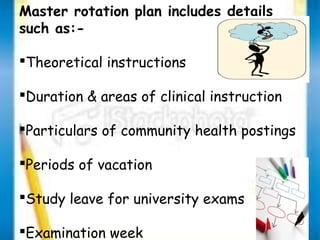 Master rotation plan includes details 
such as:- 
Theoretical instructions 
Duration & areas of clinical instruction 
Particulars of community health postings 
Periods of vacation 
Study leave for university exams 
Examination week 
 