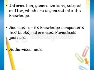 • Information, generalizations, subject 
matter, which are organized into the 
knowledge. 
• Sources for its knowledge components 
textbooks, references. Periodicals, 
journals. 
• Audio-visual aids. 
 