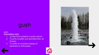gush
gŭsh
intransitive verb
1. To flow forth suddenly in great volume.
2. To emit a sudden and abundant flow, as
of tears.
3. To make an excessive display of
sentiment or enthusiasm.
 
