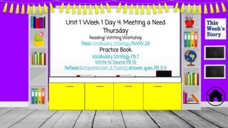 Unit 1 Week 1 Day 4: Meeting a Need
Thursday
Reading/ Writing Workshop
Read Vocabulary Strategy RWW 29
Practice Book
Vocabulary Strategy PB 7
Write to Source PB 10
ReRead Comprehension & Fluency answer ques. PB 3-5
 
