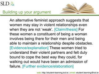 Building up your argument
An alternative feminist approach suggests that
women may stay in violent relationships even
when they are not ‘weak’. [Claim/thesis] For
these women a constituent of being a woman
involves being there for their men and being
able to maintain a relationship despite obstacles.
[Evidence/explanation] These women tried to
understand their violent partners and felt duty
bound to cope the best way they could, for
walking out would have been an admission of
failure. [Further evidence/elaboration]
 