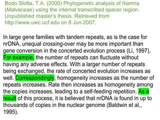 Bodo Slotta, T.A. (2000) Phylogenetic analysis of Iliamna
(Malvaceae) using the internal transcribed spacer region.
Unpublished master’s thesis. Retrieved from
http://www.uwc.ucf.edu on 8 Jun 2007.
In large gene families with tandem repeats, as is the case for
nrDNA, unequal crossing-over may be more important than
gene conversion in the concerted evolution process (Li, 1997).
For example, the number of repeats can fluctuate without
having any adverse effects. With a larger number of repeats
being exchanged, the rate of concerted evolution increases as
well. Correspondingly, homogeneity increases as the number of
repeats increases. Rate then increases as homogeneity among
the copies increases, leading to a self-feeding repetition. As a
result of this process, it is believed that nrDNA is found in up to
thousands of copies in the nuclear genome (Baldwin et al.,
1995).
 