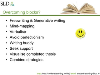 Overcoming blocks?
• Freewriting & Generative writing
• Mind-mapping
• Verbalise
• Avoid perfectionism
• Writing buddy
• Seek support
• Visualise completed thesis
• Combine strategies
 