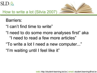 How to write a lot (Silvia 2007)
Barriers:
“I can’t find time to write”
“I need to do some more analyses first” aka
“I need to read a few more articles”
“To write a lot I need a new computer...”
“I’m waiting until I feel like it”
 