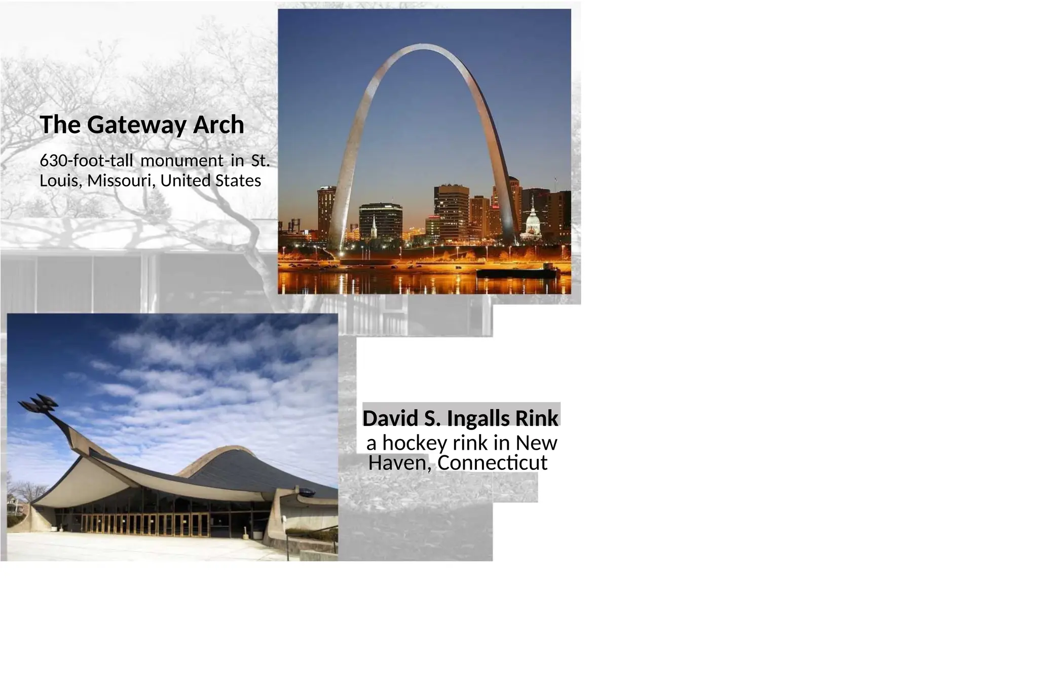 The Gateway Arch
630-foot-tall monument in St.
Louis, Missouri, United States
David S. Ingalls Rink
a hockey rink in New
Haven, Connecticut
 