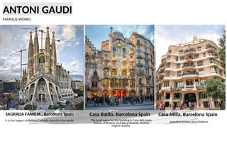 ANTONI GAUDI
FAMOUS WORKS
Mmuijun
SAGRADA FAMILIA , Barcelona Spain
It is the largest unfinished Catholic church in the world
Casa Batllo, Barcelona Spain
The local name for the building is Casa dels ossos
(House of Bones), as it has a visceral, skeletal
organic quality.
Casa Milla, Barcelona Spain
popularly known as La Pedrera
 