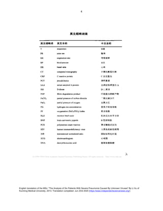 English translation of the MSc: "The Analysis of Six Patients With Severe Pneumonia Caused By Unknown Viruses" By Li Xu of
Kunming Medical University, 2013. Translation completed: Jun 23rd 2020 (https://www.independentsciencenews.org/)
	
	
4	
英文縮略词表
英文缩略语 英文 全称 中 文全称
体温
脉率
呼 吸频率
血压
心率
计算 机断 层扫 描
反应蛋 白
降钙 素原
血清 淀粉样蛋 白
二聚 体
纤维 蛋 白 降解产物
二氧化 碳分压
〇 血氧 分压
氢离子 浓度指数
〗 氧合指 数
机体反应水 平 分 级
型尿 钠肽
聚合酶链式 反应
人类 免疫缺 陷病 毒
国 际标准化 比值
心 电 图
脱氧核 糖核 酸
 