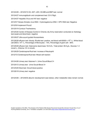English translation of the MSc: "The Analysis of Six Patients With Severe Pneumonia Caused By Unknown Viruses" By Li Xu of
Kunming Medical University, 2013. Translation completed: Jun 23rd 2020 (https://www.independentsciencenews.org/)
	
	
42	
2012/4/26 – 2012/5/15 CK, AST, LDH, CK-MB and BNP test: normal
2012/4/27 immunoglobulin and complement test: C3 0.76g/L
2012/4/27 Hepatitis Virus and HIV test: negative
2012/5/7 Herpes Simplex virus DNA + Cytomegalovirus DNA + HPV DNA test: Negative
2012/5/9 Implement Picco2
2012/5/19 Conduct Tracheotomy
2012/5/20 Center of Disease Control in Chendu city Army reservation conducted an Aetiology
test (swab and blood test): negative
2012/6/27 Ultra sound guided thoracentesis
2012/6/28 effusion test: bloody; Rivalta test: positive, red blood cell 60000 x 106
/ L, White blood
cell 2830 x 106
/ L, Percentage of Monocytes - 14%, Percentage of giant cell – 86%
2012/6/28 effusion test: Adenosine deaminase 16.8 U/L, Total protein 39.9 g/L, Glucose 1.3
mmol/ L, Chlorine 101.4 mmol/L
2012/6/29 Cerebrospinal fluid test: increase of Neutrophil
2012/7/2 Cerebrospinal fluid test: Mixed cell reaction
2012/4/26 Urinary test: Ketones1+, Urine Occult Blood 3+
2012/5/12 Urinary test: Urine Occult Blood 3+
2012/5/29 Stool test: Occult blood positive
2012/6/18 Urinary test: negative
2012/4/26 – 2012/8/30 albumin development (see below), other metabolite index remain normal.
 