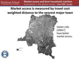 Darker cells (100m2) have better market access. 
Market access is measured by travel cost weighted distance to the nearest major town 
Market access and farm household nutrition motivation | the global study | the DRC study  