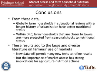 Conclusions 
•From these data, 
–Globally, farm households in subnational regions with a longer history of urbanization have better nutritional status 
–Within DRC, farm households that are closer to towns are more protected from seasonal shocks to nutritional status 
•These results add to the large and diverse literature on farmers’ use of markets 
–New data will permit many new tests to refine results 
–But the importance of market access has strong implications for agriculture-nutrition actions 
Market access and farm household nutrition motivation | the global study | the DRC study  