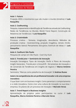 Programa e Conteúdos
    dos Módulos do Master



    Aula 1. Futuro
    Projeção 2050 e movimentos que vão mudar o mundo (timeline) // Luís
    Rasquilha

    Aula 2. Coolhunting
    Pesquisa, mapeamento e identiﬁcação de Tendências através de Coolhunting;
    Redes de Tendências no Mundo; World Trend Report; Construção de
    Relatórios de Tendências // Luís Rasquilha

    Aula 3. Criatividade
    Processo criativo - fantasia, imaginação, descoberta; Métodos de
    produção criativa - brainstorming, projeção imagética, retrato chinês,
    pensamento lateral; Pensamento disruptivo; Estímulo de ideias // Luís
    Rasquilha

    Aula 4. Coolhunt São Paulo
    Pesquisa de campo em São Paulo - Cool City Hunt

    Aula 5. TrendsLator + Seminário de Inovação
    Inovação Estratégica; Tipos de Inovação; Perﬁs e Plano de Inovação;
    Insight Generator, TrendsLator e InnovAYR - ferramentas de inovação e
    de conversão de Tendências em insights de negócio // Marco António
    Pereira
    Seminário: “Marcas como plataforma de Inovação” // Andrea Russo

    Aula 6. As competências de um proﬁssional inovador e de uma empresa
    inovadora
    O que fazer com um business insight. Como perenizar o comportamento
    e a visão inovadora. Como criar uma cultura de inovação na sua área /
    empresa. Os pilares de um processo de inovação // Marcelo Veras

    Aula 7. Trend Report e Business Insights
    Apresentação de projetos pelos participantes no curso // Luís
    Rasquilha, Marco António Pereira e Marcelo Veras




5
 