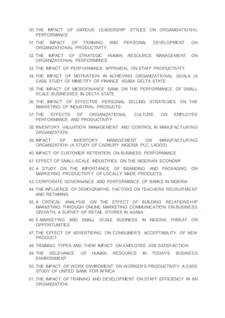 30. THE IMPACT OF VARIOUS LEADERSHIP STYLES ON ORGANISATIO NAL
PERFORMANCE
31. THE IMPACT OF TRAINING AND PERSONAL DEVELOPMENT ON
ORGANIZATIONAL PRODUCTIVITY
32. THE IMPACT OF STRATEGIC HUMAN RESOURCE MANAGEMENT ON
ORGANIZATIONAL PERFORMANCE
33. THE IMPACT OF PERFORMANCE APPRAISAL ON STAFF PRODUCTIVITY
34. THE IMPACT OF MOTIVATION IN ACHIEVING ORGANIZATIONAL GOALS (A
CASE STUDY OF MINISTRY OF FINANCE ASABA DELTA STATE
35. THE IMPACT OF MICROFINANCE BANK ON THE PERFORMANCE OF SMALL
SCALE BUSINESSES IN DELTA STATE
36. THE IMPACT OF EFFECTIVE PERSONAL SELLING STRATEGIES ON THE
MARKETING OF INDUSTRIAL PRODUCTS
37. THE EFFECTS OF ORGANIZATIONAL CULTURE ON EMPLOYEE
PERFORMANCE AND PRODUCTIVITY
38. INVENTORY VALUATION MANAGEMENT AND CONTROL IN MANUFACTURING
ORGANIZATION
39. IMPACT OF INVENTORY MANAGEMENT ON MANUFACTURING
ORGANIZATION (A STUDY OF CADBURY NIGERIA PLC, LAGOS)
40. IMPACT OF CUSTOMER RETENTION ON BUSINESS PERFORMANCE
41. EFFECT OF SMALL-SCALE INDUSTRIES ON THE NIGERIAN ECONOMY
42. A STUDY ON THE IMPORTANCE OF BRANDING AND PACKAGING ON
MARKETING PRODUCTIVITY OF LOCALLY MADE PRODUCTS
43. CORPORATE GOVERNANCE AND PERFORMANCE OF BANKS IN NIGERIA
44. THE INFLUENCE OF DEMOGRAPHIC FACTORS ON TEACHERS RECRUITMENT
AND RETAINING
45. A CRITICAL ANALYSIS ON THE EFFECT OF BUILDING RELATIONSHIP
MARKETING THROUGH ONLINE MARKETING COMMUNICATION ON BUSINESS
GROWTH, A SURVEY OF RETAIL STORES IN ASABA
46. E-MARKETING AND SMALL SCALE BUSINESS IN NIGERIA THREAT OR
OPPORTUNITIES
47. THE EFFECT OF ADVERTISING ON CONSUMER’S ACCEPTABILITY OF NEW
PRODUCT
48. TRAINING TYPES AND THEIR IMPACT ON EMPLOYEE JOB SATISFACTION
49. THE RELEVANCE OF HUMAN RESOURCE IN TODAY’S BUSINESS
ENVIRONMENT
50. THE IMPACT OF WORK ENVIROMENT ON WORKER’S PRODUCTIVITY A CASE
STUDY OF UNITED BANK FOR AFRICA
51. THE IMPACT OF TRAINING AND DEVELOPMENT ON STAFF EFFICIENCY IN AN
ORGANIZATION
 