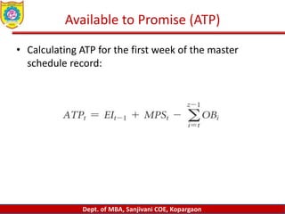 Dept. of MBA, Sanjivani COE, Kopargaon
Available to Promise (ATP)
• Calculating ATP for the first week of the master
schedule record:
 