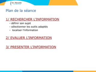 Plan de la séance
1/ RECHERCHER L’INFORMATION
- définir son sujet
- sélectionner les outils adaptés
- localiser l’information
2/ EVALUER L’INFORMATION
3/ PRESENTER L’INFORMATION
 
