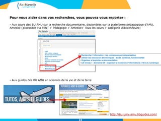 2222
Accès aux ressources en ligne
• Accès à des dizaines de milliers de revues et d’articles en plein texte à partir
de Documents en ligne :
Accès à l’outil de découverte Summon
http://bu.univ-amu.libguides.com/summon/lama
Accès au résolveur de liens Smash
http://bu.univ-amu.libguides.com/summon/smash
 