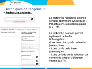 34
Techniques de l’Ingénieur
• Gestion des résultats :
- Tri des résultats selon la thématique ou le type d’information pour
affiner sa recherche en sélectionnant ou en excluant des critères.
 