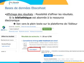 46
Bases de données Ebscohost
• Détail d’un résultat : possibilité de l’ajouter au dossier
lecteur, exporter la référence, créer une note…
 