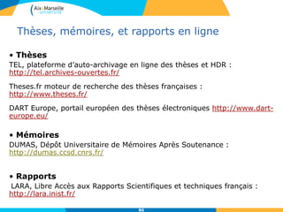 Brevets en ligne
L’Office européen des brevets a développé la base Esp@cenet qui
recense 90 millions de brevets, de 1836 à nos jours.
Espacenet donne accès à la base française de l’INPI et à 3 bases
internationales :
- la base EP (European Patents) recense les demandes de
brevets EP publiées par l'Office européen des brevets au cours des
24 derniers mois.
- la base de l’OMPI (WIPO) rassemble les demandes déposées au
niveau mondial selon la procédure PCT.
- la base Worldwide recense les données sur des brevets
provenant de 90 pays.
Il y a plusieurs accès possibles à cette base de brevets :
http://worldwide.espacenet.com : accès à la base mondiale.
http://fr.espacenet.com/:accès à l'antenne française, via l'INPI.
Philippe Eyraud, « La base de données des brevets : Esp@cenet », Ecole Centrale de Lyon, 2010 :
http://bibli.ec-lyon.fr/sites/default/files/supports/2010-utiliser-espacenet.pdf
Guide d’utilisation Espacenet en français :
http://documents.epo.org/projects/babylon/eponet.nsf/0/4e8744eb66e8f944c12577d600598eef/$FILE/espacene
t_brochure_fr.pdf 86
 