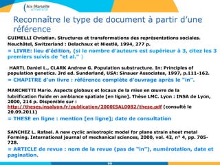 99
Reconnaître le type de document à partir d’une
référence
GUIMELLI Christian. Structures et transformations des représentations sociales.
Neuchâtel, Switzerland : Delachaux et Niestlé, 1994, 277 p.
= LIVRE: lieu d’édition, (si le nombre d'auteurs est supérieur à 3, citez les 3
premiers suivis de "et al." )
HARTL Daniel L., CLARK Andrew G. Population substructure. In: Principles of
population genetics. 3rd ed. Sunderland, USA: Sinauer Associates, 1997, p.111-162.
= CHAPITRE d’un livre : référence complète d’ouvrage après le “in”.
MARCHETTI Mario. Aspects globaux et locaux de la mise en œuvre de la
lubrification fluide en ambiance spatiale [en ligne]. Thèse LMC. Lyon : INSA de Lyon,
2000, 214 p. Disponible sur :
http://theses.insalyon.fr/publication/2000ISAL0082/these.pdf (consulté le
20.09.2011)
= THESE en ligne : mention [en ligne]; date de consultation
SANCHEZ L. Rafael. A new cyclic anisotropic model for plane strain sheet metal
Forming. International journal of mechanical sciences, 2000, vol. 42, n° 4, pp. 705-
728.
= ARTICLE de revue : nom de la revue (pas de “in”), numérotation, date et
pagination.
 