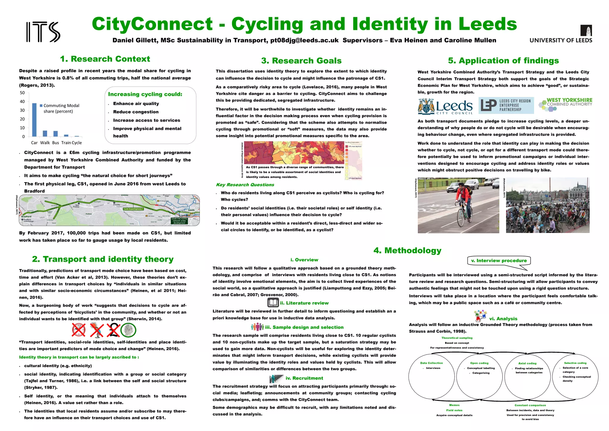 Background
Aims and Objectives
GPS Tracking Data Filter by Stata
GPS Tracking Data Visualisation by
GPS Visualizer
Methodology and Scope
5 Current Progress
Next Steps
 Process the whole data for visualisation, speed calculation
and analysis on other road links in different areas to
evaluate the shopping impact on congestion.
 Quantify impact level by the multiple linear regression
model.
𝑣 = 𝛽0 +
𝑖=1
7
𝛽𝑖 𝐿𝑖 𝛿𝑖 𝐿𝑖: Distance from Gravity Centre
of Zone i to centre of certain road-
link
𝛿𝑖: 0 and 1 variable, 0 variable:
shops close; 1 variable: shops open
Congestion Attributed to Shopping using GPS Tracking Data
-- Dhaka Case StudyChen, Danlei MSc Transport Planning ts16dc@leeds.ac.uk
Supervisor: Zia Wadud; 2nd Reader: Ian Philips
𝑣: average speed for road-links
𝛽0 ⋯ 𝛽𝑖: Regression Coefficients
References
One Road Sample Test
Data Filter: All vehicles GPS tracking data on New
Elephant Road between 3:00 pm to 7:00 pm in from
March to December.
Shops Close on Full Tuesday and Half Wednesday
Data base: 5444347 GPS tracking data for 70 vehicles in 2010
in Dhaka provided by Dr Zia Wadud.
 In many developing countries, shopping is one of the
main reasons for traffic congestion, due to the lack of
parking restrictions around the shopping centre.
 While it is widely accepted that shopping can contribute
significantly to the congestion (Kumaat et al, 2015), there
is often no evidence of quantification of the impact.
 Weekly holidays of shopping centres at different parts in
Dhaka helps to analyse the changes in traffic speed and
congestion.
 Visualise GPS tracking data to understand the changes
of congestion.
 Quantify the impact of shopping on traffic speed change
in road-links.
 Determine the congestion costs attributable to shopping.
Results p < 0.005,
there is evidence
of a change in the
underlying mean
speed.
Shop
Open
Shop
Close
Number 607 351
Mean 8.6024 14.1973
Median 3.9309 8.9282
Variance 107.543 206.584
Minimum 0.0000 0.0000
Maximum 49.0586 84.5174
To optimize
Speed Distribution
Curve,
make the logarithm
of speed and set
the speed of 0 to
0.1.
In this figure, there
is difference in two
scenarios.
Speed Analysis
3.Hypothesis Testing
Using a 5% significance level, test whether there has been a
change in mean speed as a result of the shops closure and
opening.
2.Speed Distribution Analysis
Using MATLAB to fit speed and output the Speed Distribution and
Statistic Description.
Comparing GPS tracking data in Shop Closure(above) and
Opening(below), there are more data appear on Opening scenario.
1.Speed Calculation
𝑠𝑝𝑒𝑒𝑑 =
𝐷𝑖𝑠𝑡𝑎𝑛𝑐𝑒 𝑏𝑒𝑡𝑤𝑒𝑒𝑛 𝑡𝑤𝑜 𝑎𝑑𝑗𝑎𝑐𝑒𝑛𝑡 𝑐𝑜𝑜𝑟𝑑𝑖𝑛𝑎𝑡𝑒𝑠
30𝑠
Shops close on Tuesday and Wednesday
Shops open on Monday and Thursday
Two-sample t-statistic
Shops: Open;
Office: Open
Speed
Analysis
GPS
tracking
data
Compare
Speed and
Statistics
for
congestion
analysis
Shopping
effects
on
congestion
 Kumaat, M., Mulyono, A.T., Sjafruddin, A., Setiadji, B.H., 2015. Congestion as a
result of school and shopping centre activity, International Journal of Science and
Engineering, 9(2), 106-112.
 The Daily Star, 2010. Businesses to stay shut alternately. [Online]. [Accessed 24th
Feb 2017]. Available from: http://www.thedailystar.net/news-detail-124484
Speed
Analysis
GPS
tracking
data
Shops: Close;
Office: Open
 