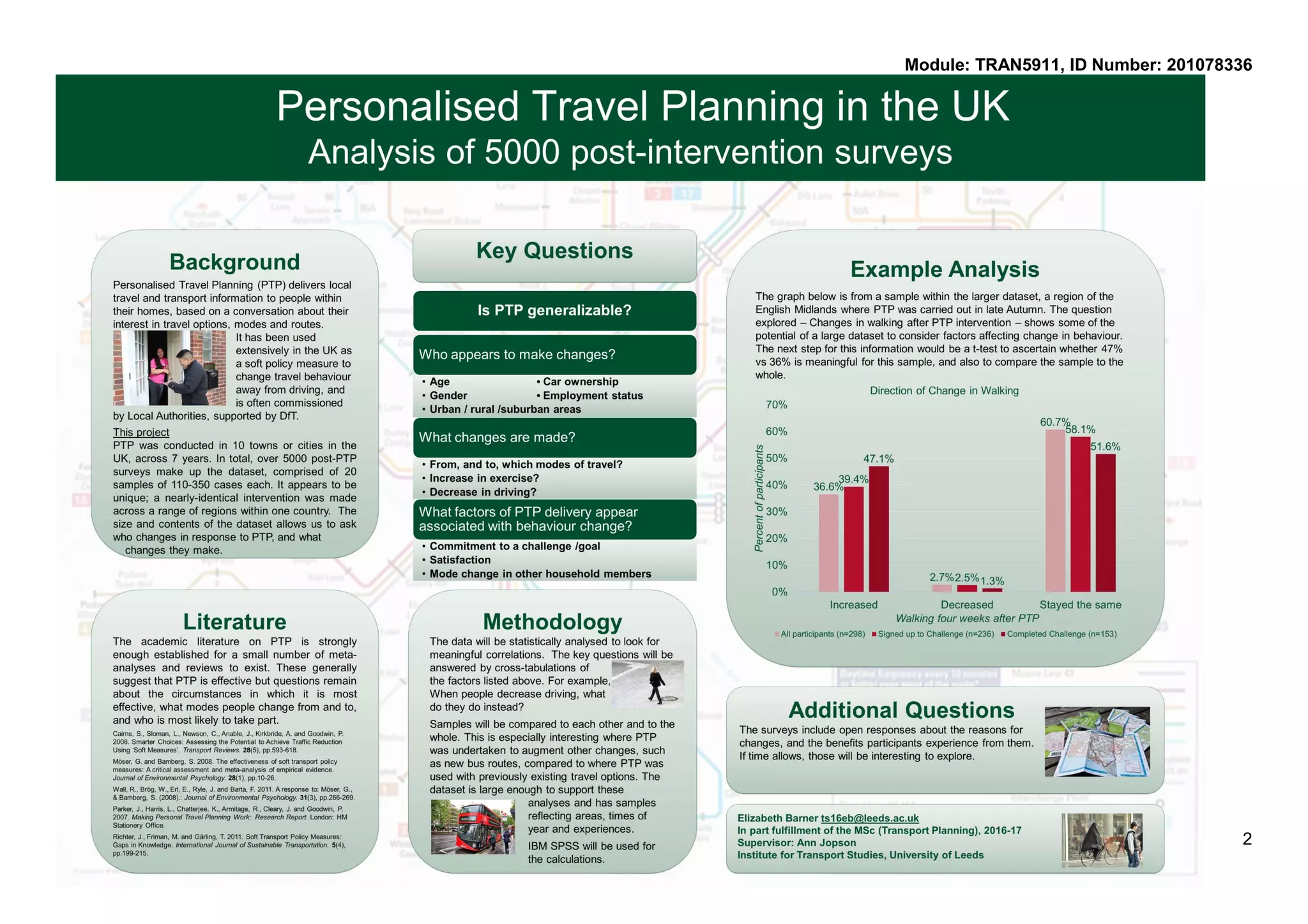 Understanding Passengers’ Effective Use of Travel Time
Evelio Robles Alejo | MSc(Eng) Transport Planning and Engineering | ts16era@leeds.ac.uk
Supervisor | Manuel Ojeda Cabral Second Reader | Thijs Dekker
Background
1
Objectives
2
Scope
3
Methodology
4
Data collection
5
References
6
There is not much evidence on showing how travellers perceive the time
as effective when travelling. The effective use of travel time may also vary
upon the travel mode, as different stages arise at each mode.
Previous research: based on the productivity of travel time (studies
frrom Hensher, Batley).
- Mostly centred on the trade-offs on time savings, rather than in the
effective use of travel time due to particular trip conditions.
- ‘Journey time savings in rail trips led to increased productive time for
business travellers, but also to a reallocation of time use’ (DfT, 2009)
Further elements such as saved time, as well as access and egress times,
among others, may influence the effective use of time across all modes. As
the mentioned elements have not been directly assessed before, these will
be included in this study.
The aim of this project will be based on a cross model comparison, in order
to gain a better understanding of travellers’ modal choice decisions on
medium and long range trips within the UK.
(I)
(II)
Determine which mode provides the most
effective use of travel time in the different bands
Identify what elements influence the time
effectiveness for each of the modes under study.
Centred on trips made within mainland UK
(Great Britain), where air, car and rail modes
can directly compete.
Edinburgh
Leeds
London
Two scenarios: medium and
long range trips
‘Medium’: e.g. London-Leeds
‘Long’: e.g. London-Edinburgh
Medium range scenario
Travel time bands for each mode
1h30min - 2h30min
2h30min - 4h30min
Long range scenario
Travel time bands for each mode
>2h30min
1h - 1h30min
SURVEYS
(I). How travellers used their time during the trip	
- Categories covering potential answers
(II). How useful time was, as perceived by travellers
- In competing modes, compared to not travelling, 		
		 then determining a common reference level.
(III). How useful each trip stage was
Based on interactive surveys, obtained through the interception of intercity
travellers at the targeted corridors.
Due to the reduced number of commuters at the chosen corridors, only
business (dark grey) and non-work (light grey) trips will be considered.
Medium range Long range
100
100
100
100
100
100
100
100
Comfort Reliability Speed
Connectivity
Schedule
flexibility
Access and
egress time
Abrantes, P.A.L. and Wardman, M.R. 2011. Meta-analysis of UK values of travel time: An
update. Transportation Research Part A. 45, pp.1-17
Batley, R. 2015. The Hensher equation: derivation, interpretation and implications for
practical implementation. Transportation. 42 (2), pp.257-275
Department for Transport. 2009. Productive use of rail travel time and the valuation of
travel time savings for rail business travellers. [Online]. [Accessed 24 February 2017].
Accessible from: 																					
https://www.gov.uk/government/publications/productive-use-of-rail-travel-time-and-the-
valuation-of-travel-time-savings-for-business-travellers-final-report
Kirby, H., Carreno, M. and Smyth, A. 2006. Exploring the relative costs of travelling by train
and car. Final report to Virgin Trains and Fishburn Hedges.
The input values will be the passengers perception of the use of travel time,being
this split into time blocks (different stages of the trip,varying across all modes) and
assessing to what extent each of these time blocks would be useful, in reference
to a common established level (not travelling scenario).
The output values will be how effective the travel time would be for the whole
trip in both scenarios under comparison, as compared to not travelling case. As
well, how passengers used their time will be cleared with the data collection.
(III)
Contrast how much time is perceived as useful
time across the different modes.
 