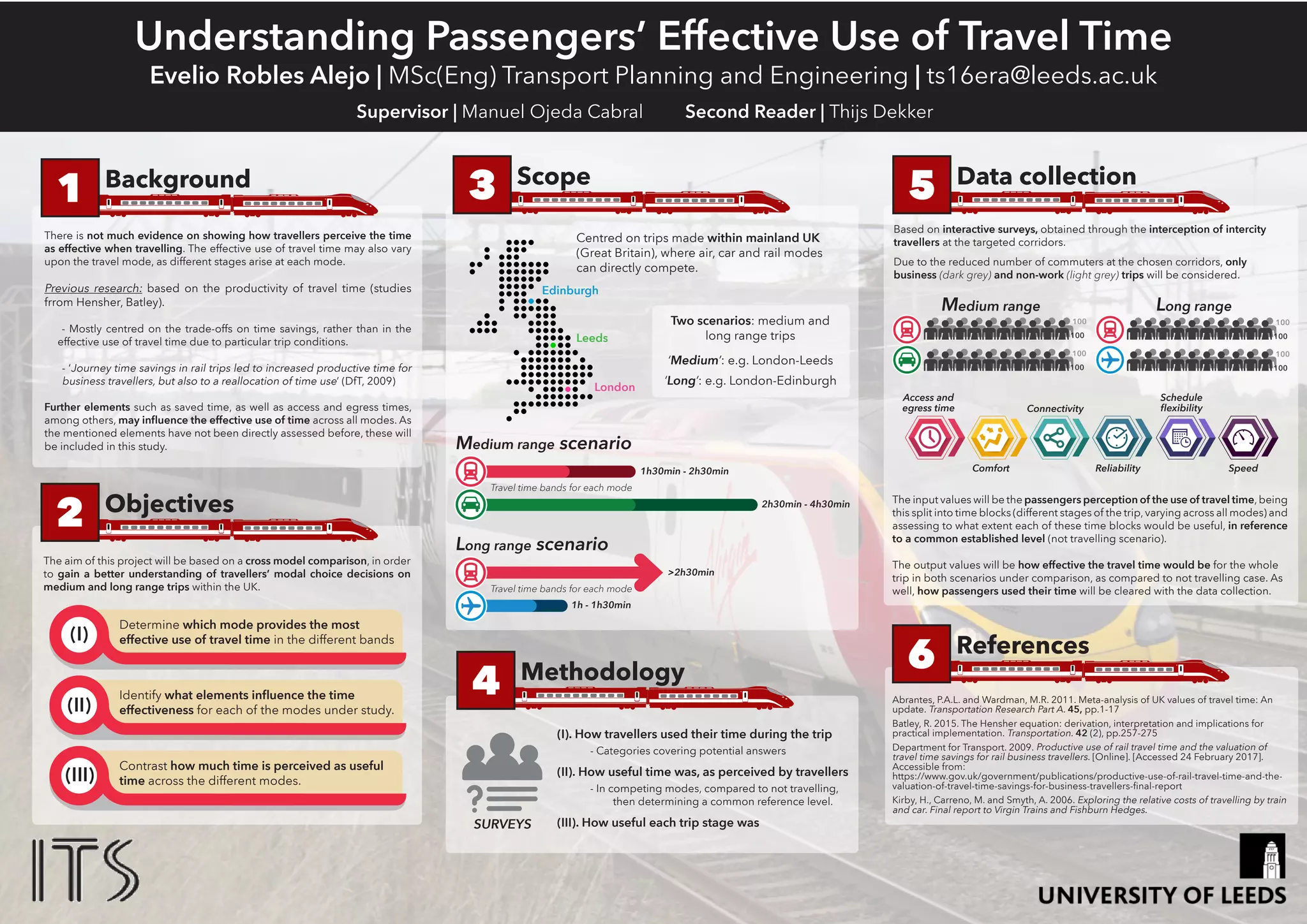 C
Background
Research Questions
Route Map(Partial)
Methodology
Objectives
References
Preliminary Comparison
Delivered Schemes
(Note: Boxes in white: data in 2015; Boxes in blue: data in 2016; Boxes
in yellow: Downward trend in running time)
➢Bus Lane Widening (5): Re-align road marking to accommodate widening of bus lane
➢Yellow Box Marking (3): Criss-cross yellow lines painted on the road
➢Keep Clear Marking (2): Do not block that part of the carriageway indicated.
➢Review Parking (1): Part-time parking is potentially obstructing the bus route during peak hours
➢Centerline (3): Moving the road centerline to assist traffic pass bus stops or curbside obstructions.
➢Signage and Enforcement (1): Install signage to prevent general traffic entering, enforce bus lane
facility.
➢Signage and Line Marking (1): Move the locations of part-time on-street loading bays to allow space
for vehicles to maneuver around safely.
➢Signal Modification- SCOOT (1): Converting existing signal system to Split Cycle Offset Optimizing
Technique (SCOOT).
• To quantify the benefits of all 17 bus priority interventions implemented on London
bus Route 3 and compare them with their predicted values.
• To assess the reliability of London bus Route 3 after the bus priority interventions
implemented.
• To compare cost of schemes with effectiveness and carry out an Cost-Benefit
Analysis (CBA).
• To identify potential problems and reasons lead to the difference between predicted
and actual benefits, propose measures and explore more efficiency schemes.
In 2015, based on a review of the existing evidence, a guide to the effectiveness of
26 different types of bus priority interventions produced by TfL. TfL applied this
guide to forecast the effectiveness of various schemes at pinch-points on the
network of London, in terms of the savings in expected journey times, variety and
delays. A majority of bus priority schemes have completed since December 2016,
and actual monitoring data collected by Tfl is available now.
The target route is London Bus Route 3. According to the bus service usage
report published by TfL, the usage of Route 3 has experienced declining for three
consecutive years since 2013, it is significant to take measures to make Route 3
more attractive. Since 2015, 17 bus priority schemes have been implemented
along side the bus route to improve effectiveness and reliability.
Social influence, how many
passengers and inhabitants can
benefit from these schemes?
How much?
Will the increased/improved
reliability of Route 3 be realized
by passengers? How could
Route 3 attract passengers who
gave it up previously?
What types of factors could influence
the service reliability? How to estimate
the effects of different factors on
service reliability?
Data Analysis and Assess the Scheme Benefits
Running Time Analysis-Individual trip times, scheduled VS observed averages,
daily averages in March in 2015 and 2016 respectively
Evidence of declining bus market
Implement timescale and cost of each scheme
Background factors (such as accidents, events, activities and road works)
Identify Indicators and Evaluate the Reliability of Route 3
➢ Punctuality Index Based on Route (PIR):
𝑃𝐼𝑅 𝐿 = 𝑃 𝑡 𝑅𝑢𝑛 ∈ [𝑡 𝑠𝑐ℎ + 𝛿1, 𝑡 𝑠𝑐ℎ + 𝛿2] = 𝑃{𝑡 𝑅𝑢𝑛 − 𝑡 𝑠𝑐ℎ ∈ [𝛿1, 𝛿2]}
➢ Deviation Index Based on Stops (DIS):
𝐷𝐼𝑆𝑠 = 𝑃 𝐻𝑠 − 𝐻0 ∈ 𝜃1, 𝜃2
Cost-Benefit Analysis (CBA) of Bus Priority Schemes
An Assessment of 17 Bus Priority Schemes Implemented on London Bus Route 3,
What Lessons Can Be Learned?
Feiyang Zhang MSc-Transport Planning & Engineering ts16fz@leeds.ac.uk Supervisor: Jeremy Shires Second Reader: Dan Johnson
The cost of all the schemes VS the
benefit obtained from schemes, will
the desired results be achieved? Will
the change attract more passengers
and bring more profits?
Chen, X., Yu. L., Zhang, Y. and Guo, J. 2009. Analyzing Urban Bus Service Reliability at the Stop, Route, and Network Levels. Transportation Research Part A. 43
(2009), pp.722-734.
Lin, J., Wang, P. and Barnum. D. 2008. A Quality Control Framework for Bus Schedule Reliability. Transportation Research Part E. 44 (2008), pp.1086-1098.
Qu, X., Oh, E., Weng, J. and Jin, S. 2013. Bus Travel Time Reliability Analysis: A Case Study. Transport. 167 (TR3), pp.178-184.
Sorratini, J., Liu, R. and Sinha, S. 2008. Assessing Bus Transport Reliability Using Micro-Simulation. Transportation Planning and Technology. 31 (3), pp.303-324.
Transportation Benefit-Cost Analysis. 2017. Public Transport Case Studies. [Online]. [Accessed April 2017]. Available from:
https://sites.google.com/site/benefitcostanalysis/case-studies/public-transport
Benefits, Magnitude and Value：Total time cost saving, Operating cost
saving, Bus device saving, Emissions-related saving
Cost: The cost of implementing the schemes, Maintenance and
operation cost
Analysis and Criterions: Benefits / Cost Ratio
Passenger Survey
Collect feedback, experience and opinions from passengers, how do they
response to the improvement
 