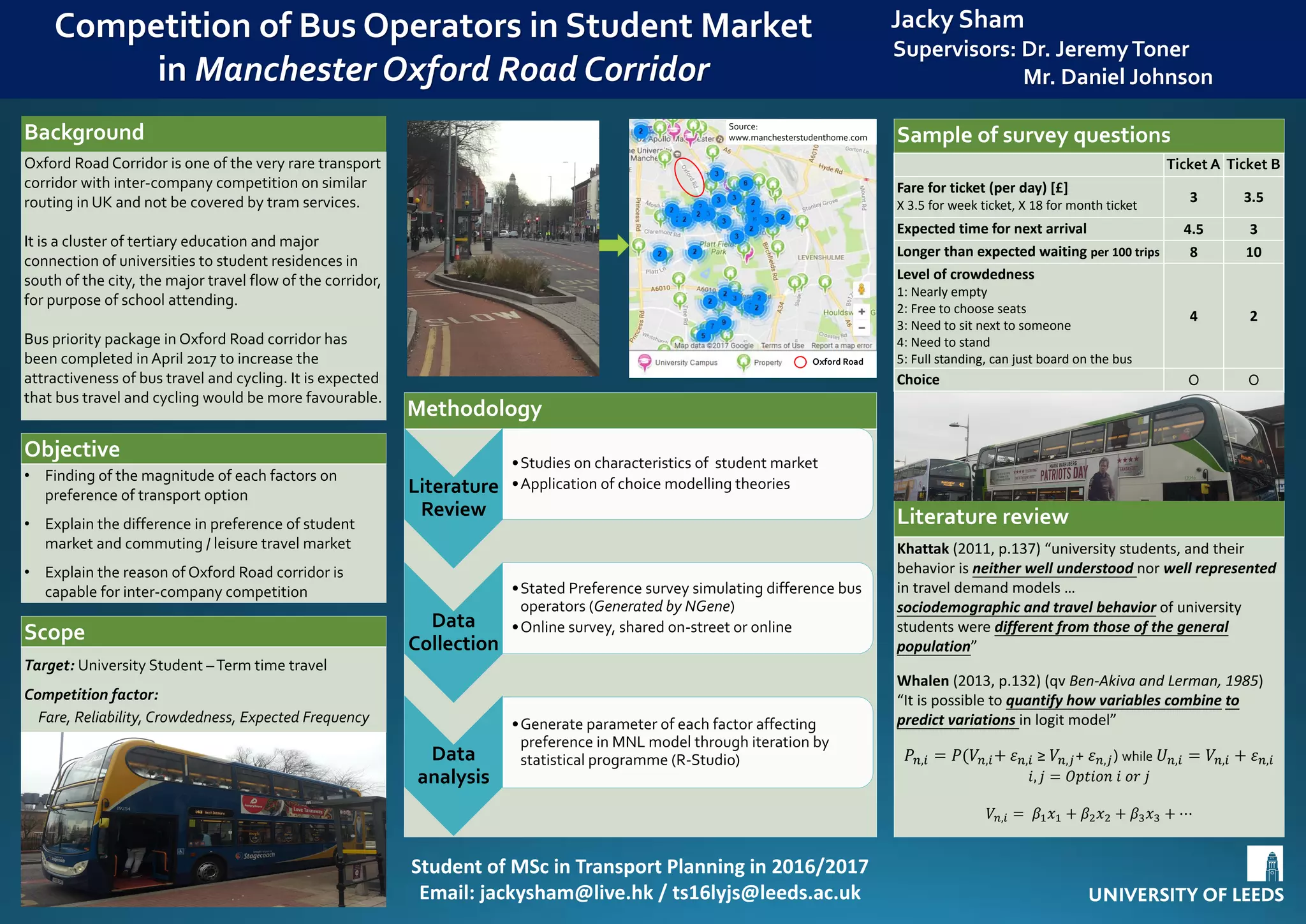 A Comparative Study To Assess Re-Design Options And Bus Priority
Measures For The Lawnswood Roundabout (A660/A6120 Junction)
Author: Joel Flatts (ts16jsbf@leeds.ac.uk) Supervisor: Adrian Bateman 2nd Reader: Jeremy Shires
BACKGROUND RESEARCH SCOPE DATA COLLECTION
METHODOLOGY DESIGN ALTERNATIVESOBJECTIVES
1
2 4
3 5
6
 A660 (Otley Road) – Major radial and bus route
heading north-west from Leeds City Centre;
 A6120 (Outer Ring Road) – Strategic Main Road
around perimeter of Leeds;
 Junction is unsignalised and suffers from
localised peak period congestion. Identified as
hazardous and a significant source of delay by
Leeds City Council since 2008;
 No priority for buses at junction;
 No formal provision for pedestrians and cyclists.
 Improve Functional Capacity – Reduce delays
and queues for a re-design period of 15 years;
 Assess feasibility of providing bus priority
measures;
 Improve Safety – Minimize traffic conflicts and
provide dedicated crossings for pedestrians and
cyclists;
 Environmental Improvement – Reduce site
specific pollution;
 Evaluation Assessment – Determine the ideal
solution through a comparative cost-benefit
analysis;
 Design and analyse improvements using
ARCADY, PICADY and LINSIG Softwares;
 Assess impact on commuters using the junction
with special focus on those using sustainable
modes of transport;
 Evaluate impact on air quality if trees within the
vicinity of the junction were to be removed to
facilitate improved traffic flow.
 Layout Mapping – geometric parameters and
relative positioning of road furniture, utilities,
trees, etc;
 2008 Leeds City Council Classified Turning
Counts - 7:00HRS to 19:00HRS. Determine
current peak flows using Regional Traffic Growth
Forecasts;
 Lane Queue Lengths – Site Visit Observations.
Data Collection;
Create and calibrate base models;
Design Future Alternatives;
Assess air quality due to emissions;
Accident Analysis – using Crashmap data;
Evaluation Assessment – using guidance from
sources such as HM Treasury’s Green Book.
The following re-designs will be considered - both
with and without bus priority measures:
Geometric Improvements – provision
of additional lanes;
Implementing Signalisation – along
with possible geometric improvements;
Signalised Intersection;
Grade Separated Junction.
 