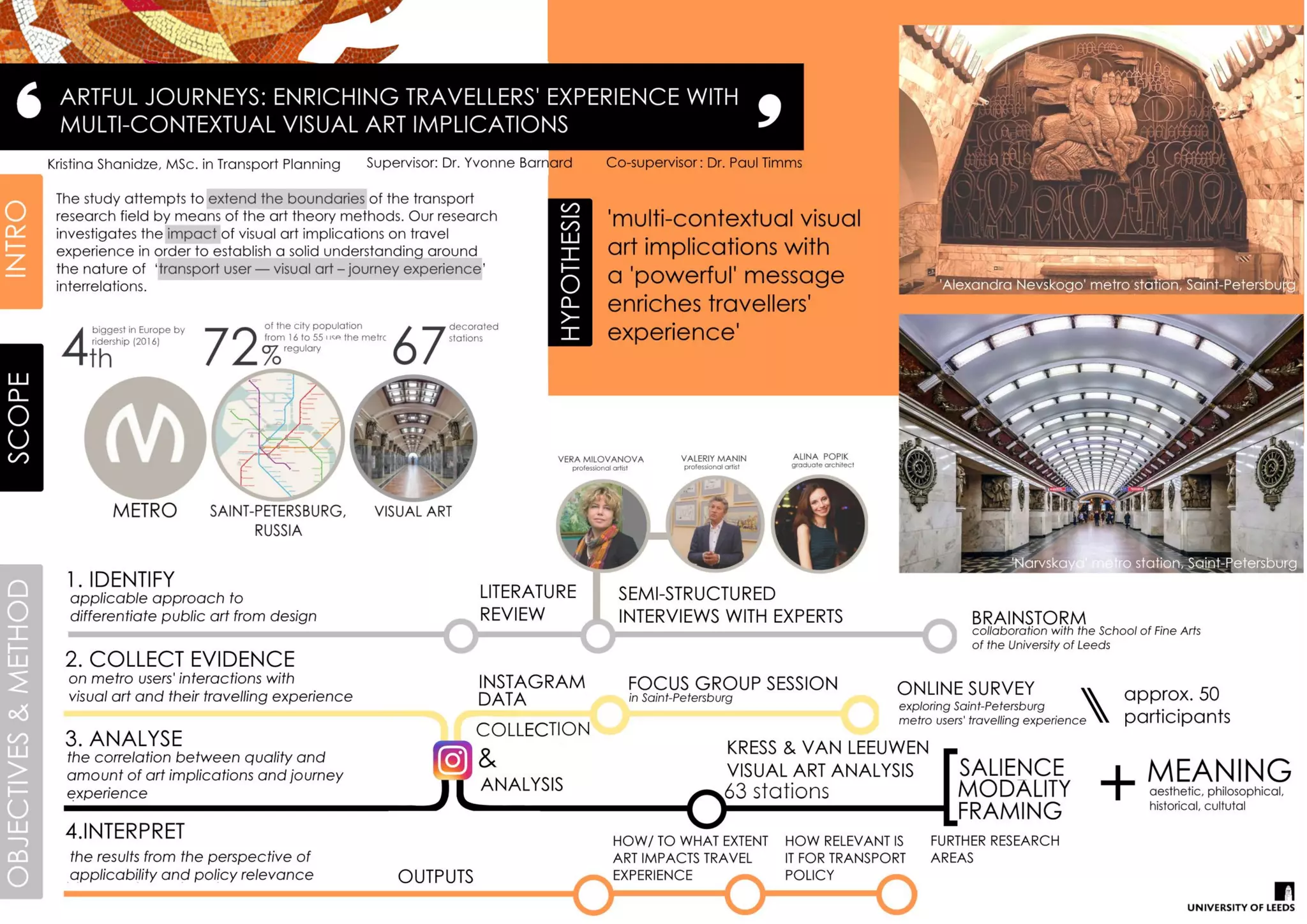 Objectives
Define and compare a set of reliability indicators
that can be used to measure operations
performance in the Underground service.
Understand to what extent disruptions and
reliability improvements on the Underground
system influence the amount of user’s and their
actual travel times.
Background 2
Transport for London (TfL) is interested in establishing a
reliability metric to understand the impact of
disruptions on the Underground service and how this
affects users’ behaviour. This interest stems from the need
to quantify changes in users’ travel times for operational
purposes and the construction of Cost-Benefit Analyses.
1
Selection of relevant travel time variability measures (e.g.
Average Additional Time fromVan Oort, 2016).
Methodology
Quantifying Journey Time Variability and Understanding its
Impact on Passenger Decision Making for the Underground
Expected	Results
A selection of reliability indicators that clearly represents the
impact of disruptions or improvements in the Underground
network.
Main	references
Luis Ross ● Transport Planning and the Environment MSc ● ts16larp@leeds.ac.uk
Dr.Thijs Dekker (Supervisor)
Dr. John Nellthorp (2nd reader)
3
4
ScheduledTravelTime
ActualTravelTime A
ActualTravelTime B
Travel	Time	Variability	Example
Additional	Time
Adapted	from	Van	Oort,	2016.
Hollander,	Y.	2006.	Direct	versus	indirect	models	for	the	effects	of	
unreliability.	Transportation	Research	Part	A.	40(9) pp.699-711.
Karathodorou,	N.	and	Condry,	B.	2016.	Choosing	Optimal	Reliability	
Measures	for	Passenger	Railways:	Different	Measures	for	Different	
Purposes.Transportation Research	Record:	Journal	of	the	Transportation	
Research	Board.	No.	2596,	pp.1-9.
Van	Oort,	N.	2016.	Incorporating	enhanced	service	reliability	of	public	
transport	in	cost-benefit	analyses.	Public	Transport.	Volume	8,	pp.143-160.
Data for actual train travel timesː
Used to obtain in-vehicle times, headways and to
calculate travel time variability.
Oyster data from users:
This will reveal passenger flows and the use of
alternative stations
The Picadilly line is selected as a case study for this
research since it went through a major disruption from
November 2016 to early January 2017.
Case	Study
The selected measures are
intended to fit with the Business
Case Development Manual
appraisal methods, currently
considering standard deviation as
a reliability indicator.
Data	Collection
Access Time
Waiting Time
In-Vehicle Time
Exit Time
Variability
6
75
Selection OD station pair in the Picadilly Line
Setting reliability indicators
Measuring performance before and after
disruption
Understanding the link between reliability
metrics and users’ response.
Assessing whether an improvement on
reliability has been achieved after solving the
issues on the line.
By analysing the amount of user’s between the
selected OD pairs, the use of alternative
routes (e.g. other lines or modes) and the
change in passenger flows.
1
3
4
2
One or two pairs will be selected.
 