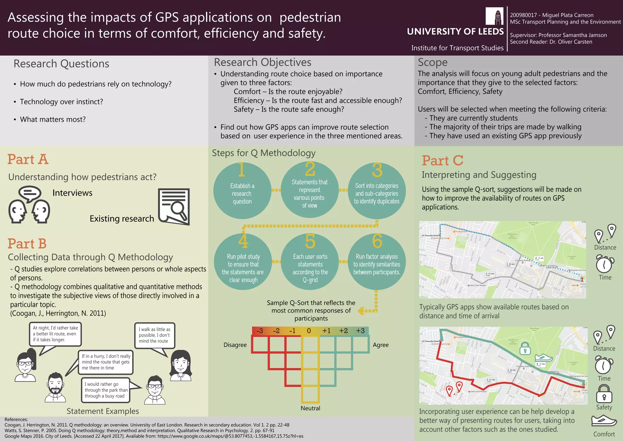 RELIEVING TRAFFIC GRIDLOCKS IN A TWO WHEELERS DOMINANT
CITY
1
REFERENCES:
Mizandaru Wicaksono – MSc (Eng) Transport Planning and Engineering – ts16mw@leeds.ac.uk
Supervisor: Dr. Chandra Balijepalli
• Traffic congestion is common in cities worldwide.
• Gridlock is a type of congestion where traffic does
not move at all.
The aim of this study is to reduce traffic congestions by
relieving traffic gridlocks. The objective of this study is
to analyse the effect of some different measures in
relieving traffic gridlocks.
The research question to be answered in this study is as
following:
How do we relieve traffic gridlocks?
a. By changing traffic lights
b. By implementing two wheelers only road
c. By doing both (changing traffic lights and
implementing two wheelers only road)
In this study, we will use network modelling method
using SATURN software. This study will use study
location of Jakarta, Indonesia.
The trip matrix and network model of Jakarta is already
available, but some works need to be done before it can
be used.
There are 3 different scenarios beside the do-nothing
scenario to be tested, which are as following:
1. Modification on traffic lights
2. Implementation of two wheelers only road
3. Combination of 1 and 2
Daganzo, C.F. 2007. Urban Gridlock: Macroscopic Modelling and Mitigation Approaches. Transportation Research Part B: Methodological. 41(1), pp.49-62
Mahmassani, H.S., Saberi, M. and Zockaie, A. 2013. Urban Network Gridlock: Theory, Characteristics, and Dynamics. Procedia - Social and Behavioral Sciences. 80, pp.79-98
Yperman, I. 2011. Commuting By Motorcycle: Impact Analysis. Brussels: Transport  Mobility Leuven.
• Smaller vehicles escape gridlocks/queues with more
ease. Two wheelers is one example of them.
• There are many cities where two wheelers dominate
the traffic.
Sao Paulo, Brazil
New York, USA Miami, USA Xi’an, China
Delhi, India Jakarta, Indonesia
https://en.wikipedia.org/wiki/File:New_York_City_
Gridlock.jpg
https://en.wikipedia.org/wiki/File:7th_Street_gridl
ock_afternoon.jpg
http://uk.businessinsider.com/how-to-solve-the-
gridlock-in-chinese-cities-2016-7?r=USIR=T
http://www.newshub.co.nz/home/world/2017/02/t
raffic-jam-nightmare-in-brazil.html
http://pikipiki2.co.za/thats-our-spot/ http://jakchat.com/public/macet/100_5414.JPG
Result Interpretation and Evaluation
Simulation of Modified Network Scenarios
Simulation of Do-Nothing Scenario
SATURN Simulation Network Model Development
Literature Review Source: Google Maps
Real Jakarta Network SATURN Jakarta Network
• Define the exact links to be tested and change the
surrounding nodes into simulation nodes.
• Check the traffic flow result on the model with the
actual traffic flow on some links. Calibrate the model
if necessary.
• Run the 4 scenarios and record the results.
Jakarta, IndonesiaBangkok, ThailandPune, India
Ho Chi Minh City, Vietnam Taipei, Taiwan
http://www.awonderfulplanet.com/ho-chi-
minh-traffic-spirits-and-trust/
http://www.businessinsider.co.id/worst-
traffic-jams-around-the-world-2015-
12/5/#pe62HyKrqqHqwE7V.97
https://d26bwjyd9l0e3m.cloudfront.net/wp
-content/uploads/2016/10/macet-1.jpg
http://www.texaschlforum.com/viewtopic.p
hp?t=87543start=60
http://images.indianexpress.com/2016/02/
helmetpune759.jpg
BACKGROUND AIM AND OBJECTIVE2
RESEARCH QUESTION3
METHODOLOGY4
NEXT STEPS5
 