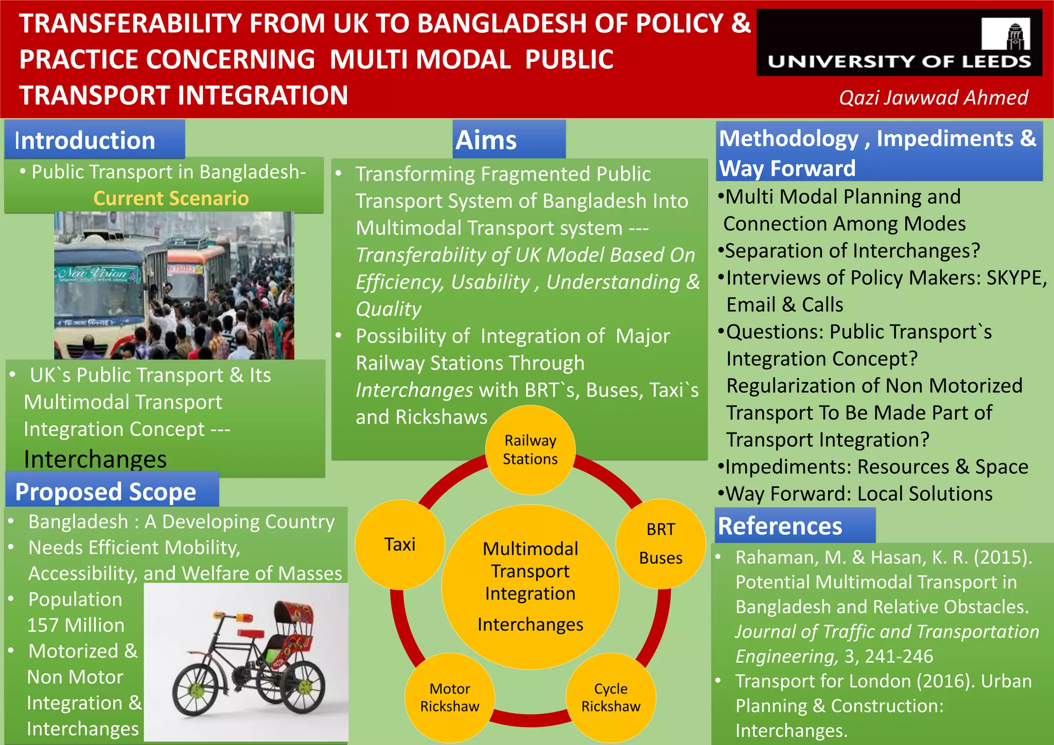 Prior
Evidence
Posterior
MODELLING
CONDITIONAL
FARE ELASTICITIES
OF RAIL DEMAND
The wide range of fares is present
along all history of UK rails. This
complex and sophisticated fare
structure benefits passengers
allowing more flexible trips, To
the industry, however, is left the
challenge of understand the
consumer behavior in this
context when forecasting
demand and stablishing fares.
Previous studies in price effects
on the demand have failed to
provide consistent and
convincing estimates of fare
elasticities causing significant
changes in their recommended
values over time. Later studies
have tried to improve the
estimates with aid of the surveys
data.
This work aims to study
alternative approaches to
estimate conditional fare
elasticities to improve the
forecast framework in the rail
industry.
S a m i r a M a r x
M S c T r a n s p o r t E c o n o m i c s
D r . J e r e m y T o n e r
S u p e r v i s o r
PASSENGER DEMAND FORECAST IN THE RAIL INDUSTRY
Conditional
Fare Elasticities
I. Quadratic Programming
B. Bayesian Hierachical Modelling
In place of a traditional demand forecast method, i.e. the four step model, rail demand models are based on the
relationship between changes in the volume of passengers and changes in the factors known as drivers of demand.
MOIRA
(specification of rail
services and capacity)
SUPPLY DEMAND
LENNON
(ticket sale database), adjusted by
changes in the drivers of demand
EDGE
(Exogenous
Demand Growth
Estimator)
Drivers of
Demand
Elasticities
Rail Forecast Framework
Main References:
ITS and Systra (2016), ‘Conditional elasticity of demand to fares - Final Report’.
Liu, Q., Otter, T. and Allenby, G.M., 2009. Measurement of own-and cross-price effects. Handbook of Pricing Research in
Marketing, p.61.
Worsley, T., 2012. Rail Demand Forecasting. Using the Passenger Demand Forecasting Handbook. On the Move – Supporting
Paper 2. RAC Foundation. URL:http://www.racfoundation.org/assets/rac_foundation/content/downloadables/pdfh-worsley-
dec2012.pdf. Accessed in 03.04.2017
DATA 39.680
observations
1.983
OD pairs
1995 ~ 2014
annual series
This study will be based in the Rail Usage and Drivers Dataset (RUDD), for Non-London Long
Distance. That contains a LENNON data extract as well as a large number of exogenous variables
that are matched to the individual observations.
They are factors that affect the rail patronage. The PDFH
(Passenger Demand Forecast Handbook - PDFH) identifies all
of the known drivers, broadly classified as:
WHAT ARE THE DRIVERS OF DEMAND?
We are here!
External Factors
GDP; employment;
population etc.
Quality of services
Fares
including interaction betwe-
en different types of tickets.
Conditional fare elasticities are given
by:
𝑐 = 𝑓 +  𝑓'
'
, where:
ESTIMATION OF CONDITIONAL FARE ELASTICTIES
CURRENT APPROACHES ALTERNATIVE APPROACHESx
Inequalities
Constraints
Estimation of elasticities based on
SP data (market research) scaled by
RP data (RUDD).
Generic form of the regression model (single or system of
equations):
Consists in applying inequality constraints to
the estimates.
ln 𝑉 =	 𝑓 ln 𝑃 +  𝑓' ln 𝑃' +  𝛽/ ln 𝐷𝐷 , where:
Joint RP-SP
modelling
Best
Approach
Free estimation
Slutsky
Symmetry
Constraint
Diversion Factors
Constraint
Own elasticities estimates
constraining cross elasticities
by ”best evidence”
Direct estimation of
conditional elasticities
Other Trials
WEAKNESS:
STRENGH: assure their algebraic sign will be
consistent
own-elasticties / cross-elasticities+-
𝑉 is the demand of ticket ;
is the fare own-elasticity of ticket ;
are the fare cross-elasticties for
other tickets.
𝑓
𝑓'
𝑃 and are the prices of tickets .
and ;
are the elasticities of others
drivers of demand ( );
𝛽/
𝑃'𝑖
𝑖
𝑘
𝑘
𝑖
𝐷𝐷
𝑐 is the conditional elasticity of ticket ;
is the fare own-elasticity of ticket ;
are the fare cross-elasticties for other tickets.
𝑓
𝑓'
𝑖
𝑖
𝑘
for some markets the resul-
ts were not satisfactory.
STRENGH: pooling techinque with
good results in price
effects analysis.
Departure from the traditional approach.
Analyse the evidence to formulate posterior
distributions for the estimates.
 