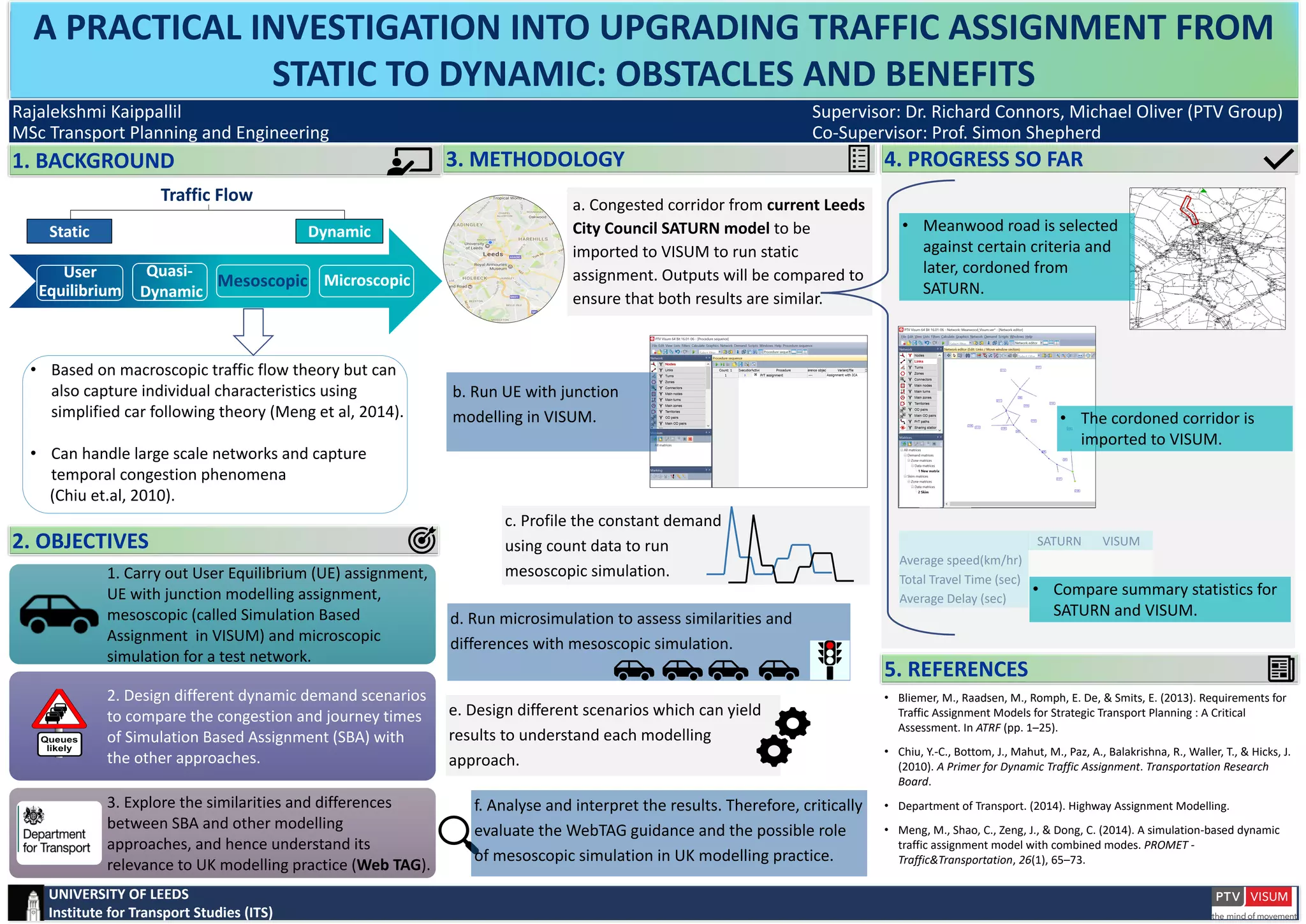 AutoCAD
•The final solution will be illustrated in AutoCAD
software.
Arcady 8 and LinSig3
•Arcady 8 software will be used for the assessment of the
level of service and the junction’s capacity.
•Signal optimisation will be achieved through Lin Sing V.3
software.
VISSIM
•For the microsimulation of the cyclists’ behaviour: an
approach towards understanding cyclists’ behaviour and
recognising the interactions of conflicting movements.
•The student license is still pending.
Stavros Koukourikos, MSc Transport Planning and Engineering | Email: ts16sk@leeds.ac.uk | Supervisor: Steve Keetley | Second Reader: Chandra Balijepalli
1. Background:
The City Connect project is funded by the Department for Transport’s Cycle City
Ambition Grant and aims to make cycling more accessible and popular across West
Yorkshire, through infrastructure improvements while the air quality is going to
improve as well.
2. Introduction:
One of the City Cycle Loop’s routes runs along Great George Street and Merrion
Street. According to Leeds City Council, the concept of the route is a 3m-wide bi-
directional track on the southern side of the carriageway, offset to the existing kerb
line with a 30cm-wide buffer.
The ambition within the Leeds city centre is to provide a 10km of segregated Cycle
Superhighways through:
• Cycle Superhighways 1 and 2 extensions into the City Centre
• A southern Superhighway route
• The creation of a Cycle Loop with a two-way segregated Superhighway around the
City Centre
3. Study area:
My research focuses on the junction of Woodhouse Lane with the Albion Street
4. Objectives:
• To provide all cycle, motorised vehicle and
pedestrian movements
• To ensure safety for all users
• To avoid blind spots
• To maintain the capacity in the two running
lanes in the carriageway
5. Methodology
• My study is going to rely on Leeds City Council data regarding the
flows and the topographical survey of the area.
• The data were collected on Tuesday 17th of May 2016 for two peak
periods, from 07:00-10:00 am and from 16:00-18:00 pm with 15
minutes intervals.
• It is likely that the data will be enriched with supplementary on-site
data collection (for pedestrian counts).
Tools:
6. Strategy:
•Deploy space from a)
loading and parking facilities
and b) footway when the
latter exceeds 4 meters.
•Appropriate reservoir
depths in early start boxes.
•Right turn on to Albion
Street will be banned
•Appropriate road signals
and markings.
The redevelopment of the junction in the Woodhouse Lane and Albion Street as part of the proposed City
Cycle Loop of the City Connect project in Leeds of the United Kingdom
After thorough analysis of the junction’s design needs and research for the best past
practices through literature review, the final solution will be approached according to
both the principles of the Design Manual for Roads and Bridges (DMRB) and to the Local
Transport Notes by the Department for Transport.
 